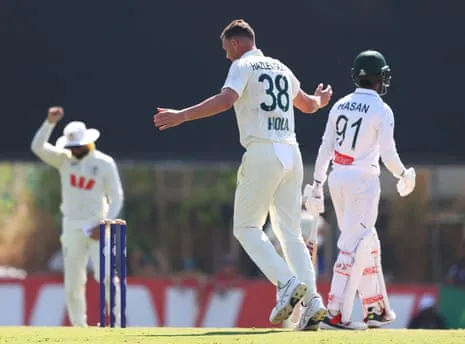 Josh Hazlewood dismisses Hasan Mahmud during day three of the first Test between Australia and Bangladesh